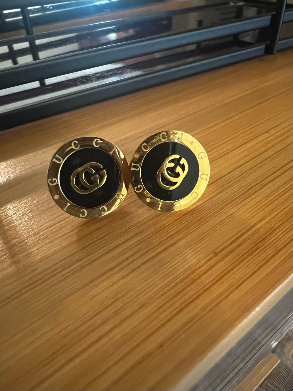 Black and Gold Round Enamel Double-G Stud Earrings